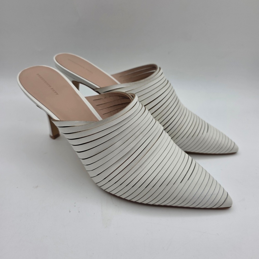 Something Navy Snarabella-Lea White Leather Pointed Toe Mules Kitten Heels Sz 11